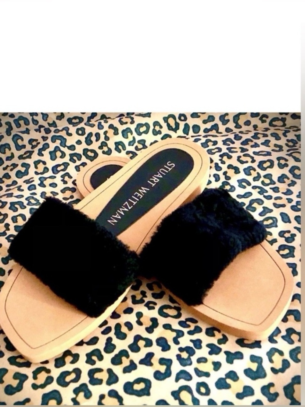 NWT STUART WEITZMAN Cammy Genuine Shearling Slide Sandal Black 8.5 MSRP $250